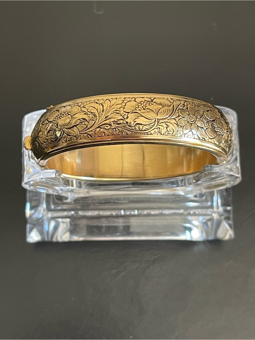 Vintage Gold Floral Engraved Hinged Bangle Bracelet.